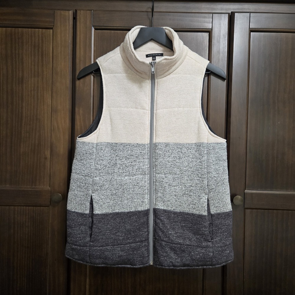 Staccato Vest Womens Small Beige Gray Black Colorblock Puffer Zip Up Knit Soft